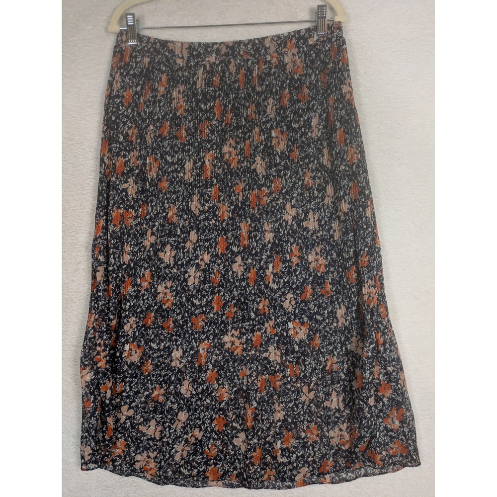 Downeast Skirt Women's L Black Floral Pleated Midi Elastic Waist Lined Flowy